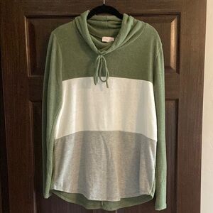 Pink Lily Green, White, and Gray Cowl Neck Sweater